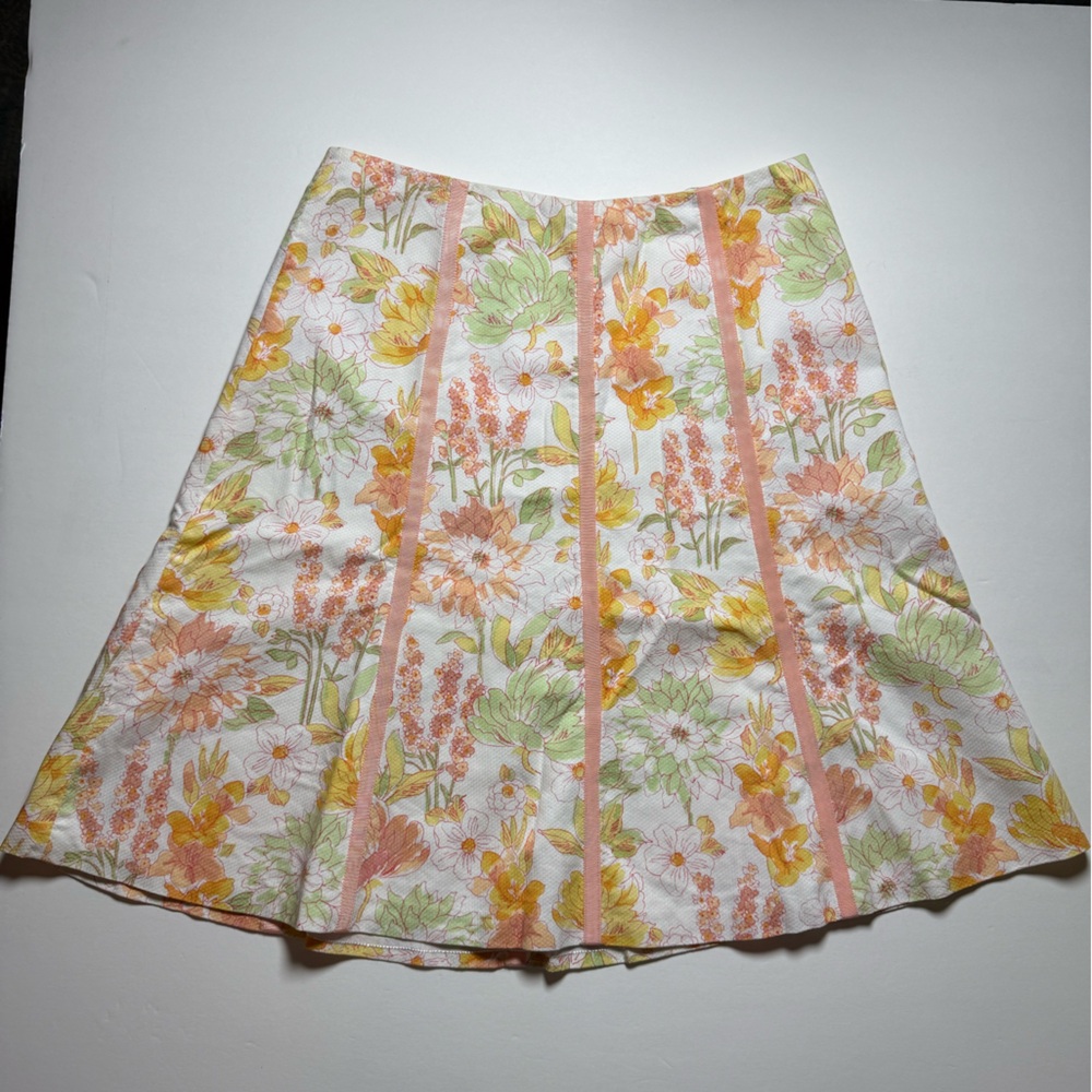 Janeville Floral A-Line Skirt in cottagecore spring Pastel Peach and Green size2